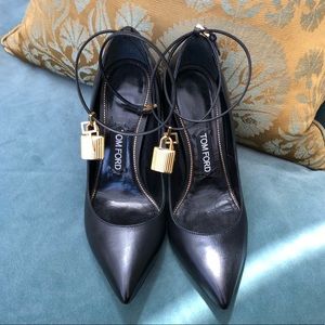 Tom Ford Black Leather Heels with Gold Lock Charm
